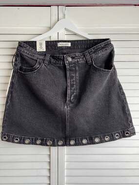 NWT Rolla's High Line Mini Denim Skirt Black Distressed Grommet High Rise 31